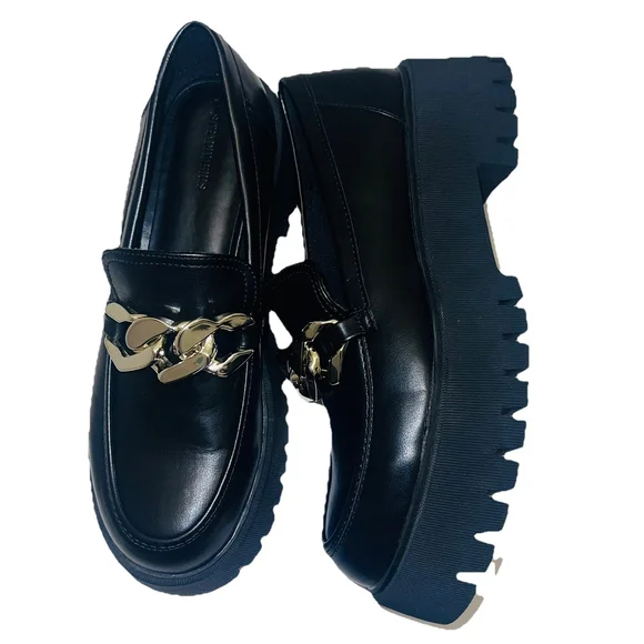 Stradivarius Chunky Lug Sole Loafers Black Gold Chain Platform EU 39/ US 8.5 - Picture 5 of 9